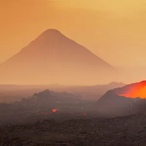 Long exposure to capture the sunset at Litli-Hrutur volcano during eruption, Reykjanes peninsula, Iceland, Polar Regions