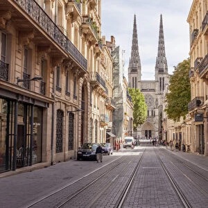 Looking down rue Vital Carles to Saint Andre cathedral in Bordeaux, Aquitaine, France