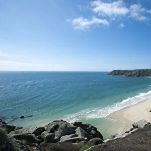Near Logan Rock at the top of Treen beach in Cornwall, the westernmost part of the British Isles