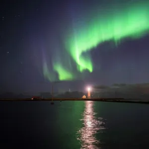 Northern Lights (Aurora Borealis) at Grotta Island Lighthouse, Seltjarnarnes Peninsula