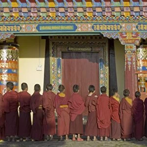 Novice monks line up in front of monastic building at the new Karma Theckhling Monastery