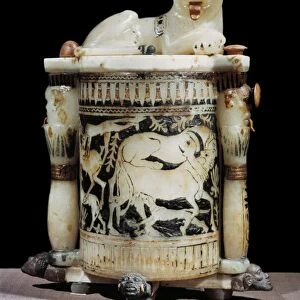 Painted alabaster unguent jar showing hunting scene, with the king as a lion
