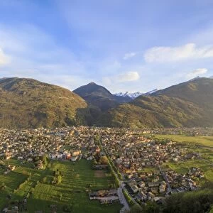 Panorama of the town of Morbegno at sunset, province of Sondrio, Valtellina, Lombardy
