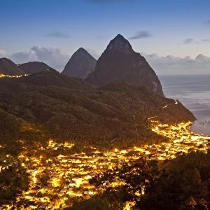 The Pitons and Soufriere at night, St. Lucia, Windward Islands, West Indies