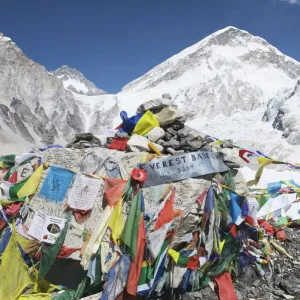 Prayer flags at the Everest Base Camp sign, Solu Khumbu Everest Region