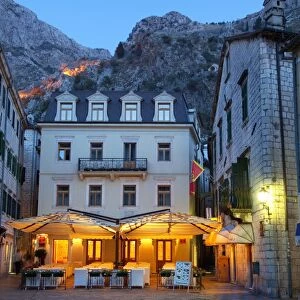 Quiet cafe in the old town of Kotor at night, Kotor, UNESCO World Heritage Site