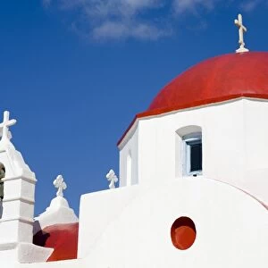 Red domed church in Mykonos Town, Island of Mykonos, Cyclades, Greek Islands, Greece, Europe