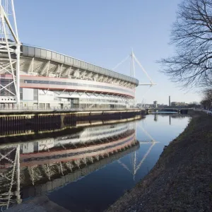 Reflection of Millennium Stadium in River Taff, Cardiff, Wales, United Kingdom, Europe