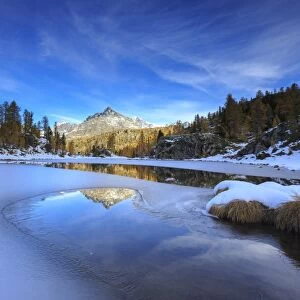 Rocky peaks and larches reflected in the frozen Lake Mufule, Malenco Valley, Province of Sondrio