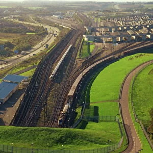 Shuttle entering and Eurostar leaving the Channel Tunnel, seen from Castle Hill