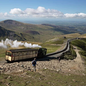 Snowdon Mountain Railway train and the Llanberis path, Snowdon, Snowdonia National Park