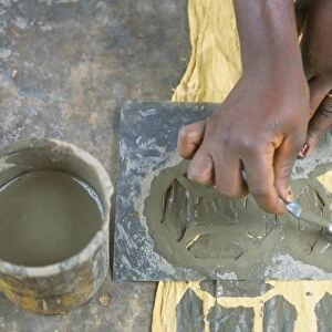 Stencilling onto cotton, Bogolan craft workshop, Segou, Mali, Africa