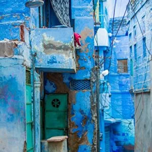 Street scene of the Blue Houses, Jodhpur, the Blue City, Rajasthan, India, Asia