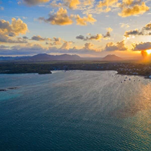Sunset over Trou d Eau Douce bay, aerial view, Flacq district, East coast, Mauritius