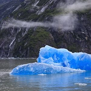 Tracy Arm Fjord, clearing mist, blue icebergs and cascades, near South Sawyer Glacier