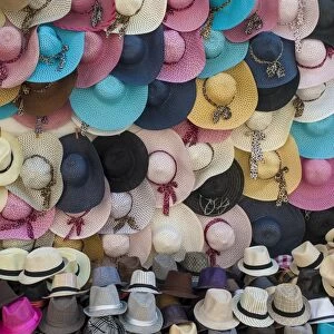 Traditional Panama hats and Sombreros for sale at a street market in Cartagena, Colombia