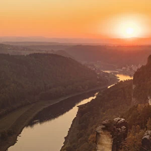 View from Bastei Rock Formation to Elbe River at sunset, Elbsandstein Mountains