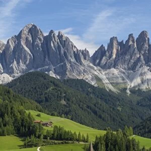 View of Church and mountain backdrop, Val di Funes, Bolzano Province, Trentino-Alto