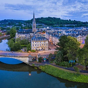 View by drone of Bath city center and River Avon, Somerset, England, United Kingdom