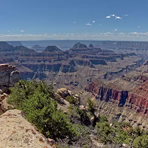 View of Grand Canyon from Bright Angel Point on the North Rim, with Brahma and Zoroaster Temples visible in the distance an Oza Butte on far right, Grand Canyon National Park, UNESCO World Heritage Site, Arizona, United States of America
