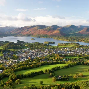 View over Keswick and Derwent Water from the Skiddaw Range, Lake District National Park