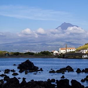 View towards Porto Pim Whaling Station and Pico Mounain, Faial Island, Azores, Portugal