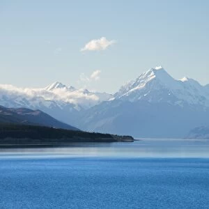 View across tranquil Lake Pukaki to Aoraki (Mount Cook), near Twizel, Mackenzie district