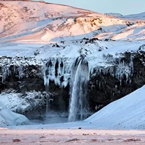 Winter view of Seljalandsfoss Waterfall bathed in evening light, South Iceland, Polar