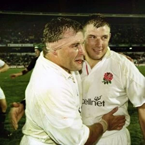 Jason Robinson and Julian White celebrate after England defeated South Africa in 2000