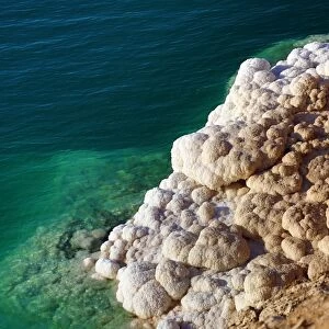 Salt deposits on the rocky shoreline of the Dead Sea, Jordan