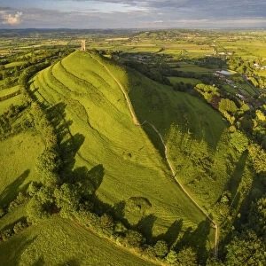 Aerial view of Glastonbury Tor and St Michaels Tower, Somerset, England
