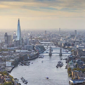 Aerial view from helicopter, The Shard, River Thames and the City of London, London