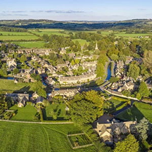 Aerial view over the village of Lower Slaughther in the Cotswolds, Gloustershire, England