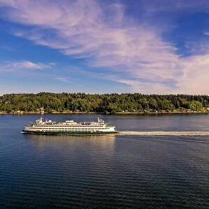 Aerial view of a Washington State Ferry sailing in the Puget Sound, Bremerton, Washington, USA