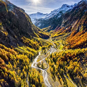 Aerial view of wild torrent in autumn. Val Bodengo(Bodengo valley), Valchiavenna