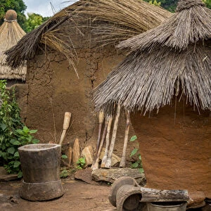Africa, Benin, Taneka Koko. a still life of the open air kitchen and storage huts