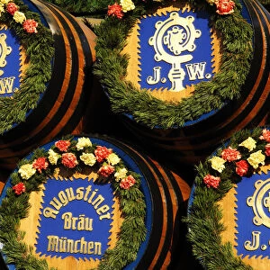 Beer cask, Augustiner brewery, Wies n, Oktoberfest, Munich, Bavaria, Germany
