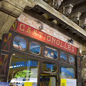Book Shop & Carved Arcade Rafters, Maison des Consuls, Mirepoix, Ariege, Pyrenees, France