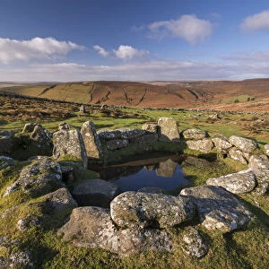 Bronze Age hut circle in Grimspound, Dartmoor National Park, Devon, England. Winter