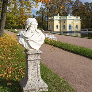 Bust of Boreas, god of the north wind, with the Upper Bathhouse pavilion in