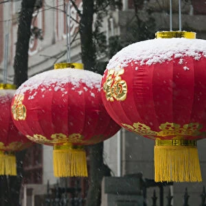 China, Shandong Province, Qingdao, Old Town, Red Lanterns outside Qingdao Aquarium