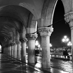 Columns of The Doges Palace at night, Venice, Veneto region, Italy