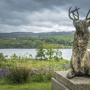 Deer statue at Castle An Tigh Mor on Loch Achray, Stirling, Scotland, Great Britain