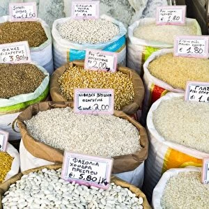 Different type of grain and rice at the Central Market in Athens, Greece