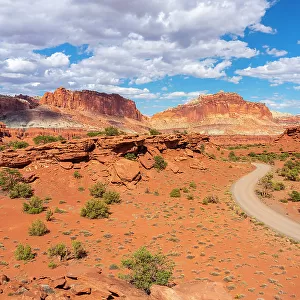Dirt road and Whiskey Flat seen from Panorama Point, Capitol Reef National Park, Utah, Western United States, USA
