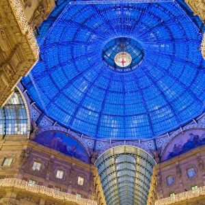Dome of the Vittorio Emanuele II gallery decorated with Christmas lights, Milan, Italy