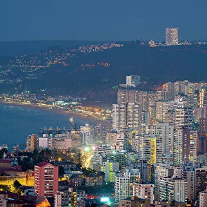 Elevated view of high-rise buildings of Vina del Mar at twilight, Valparaiso Province, Valparaiso Region, Chile