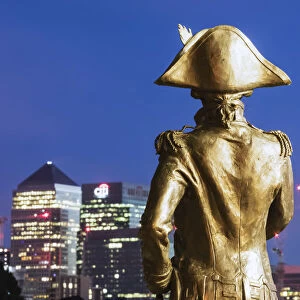 England, London, Greenwich, Statue of Admiral Lord Nelson and The Docklands Skyline