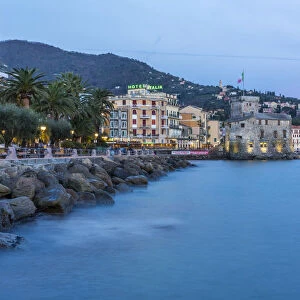 Europe, Italy, Rapallo. Blue hour along the coast to the castle