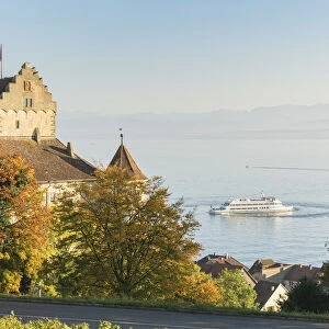 Ferry-boat cruising on Lake Constance. and the Old castle. Meersburg, Baden-Wurttemberg, Germany